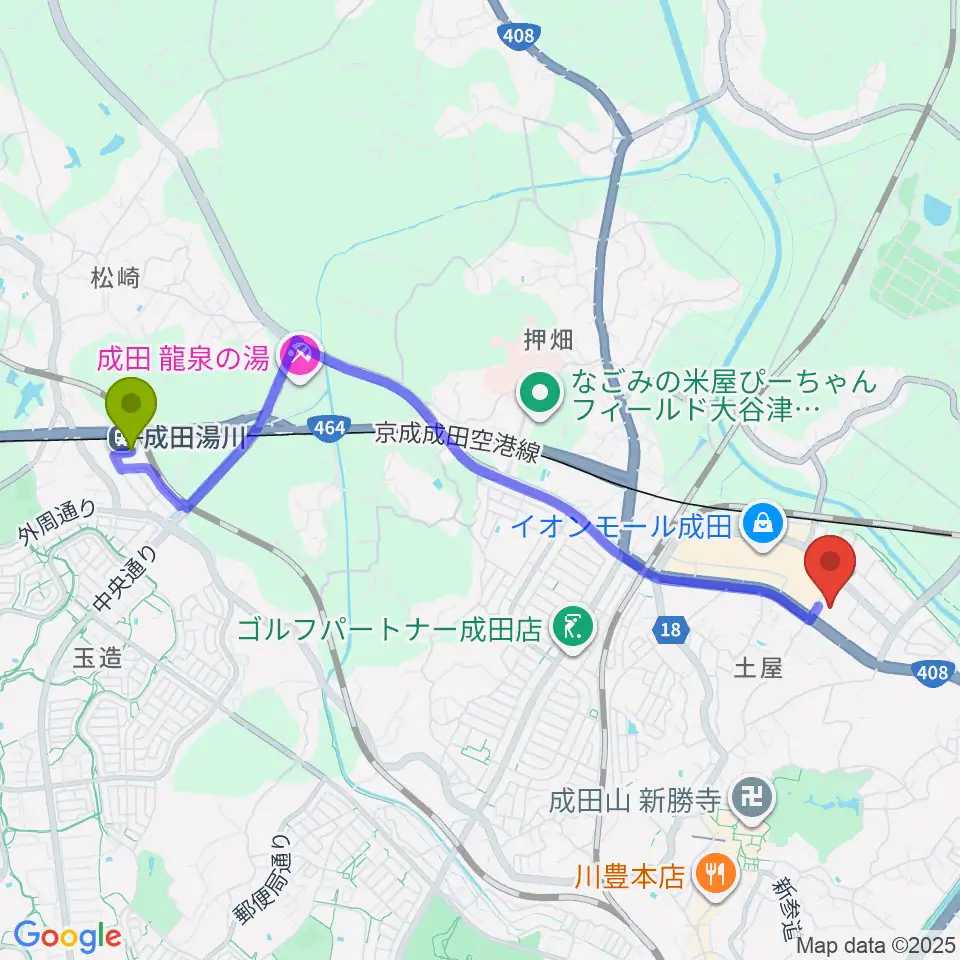 成田湯川駅から成田HUMAXシネマズへのルートマップ地図