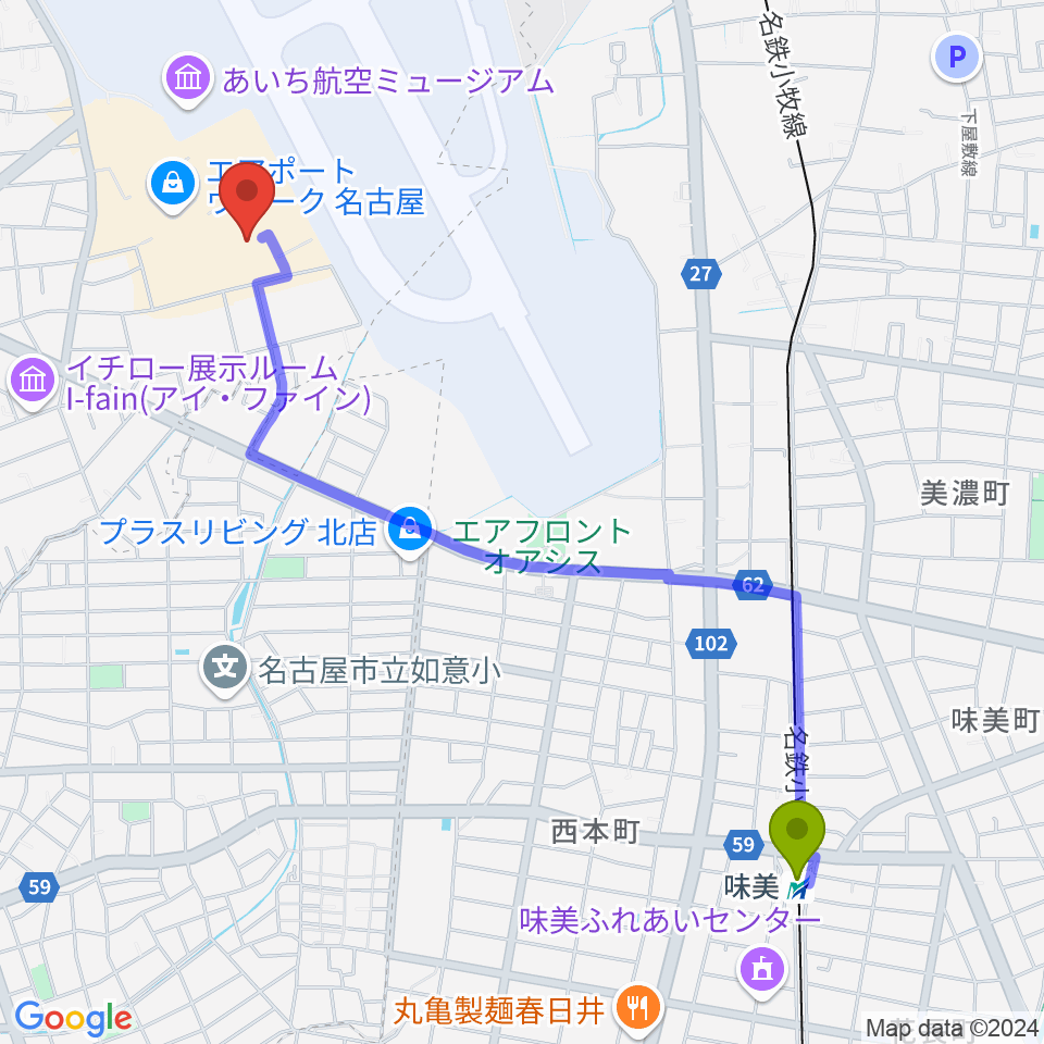 味美駅からミッドランドシネマ名古屋空港へのルートマップ地図