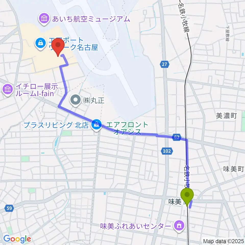 味美駅からミッドランドシネマ名古屋空港へのルートマップ地図