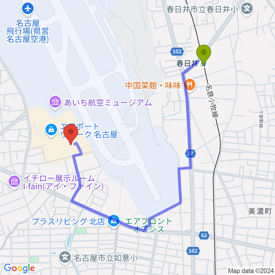 ミッドランドシネマ名古屋空港の最寄駅春日井駅からの徒歩ルート（約18分）地図