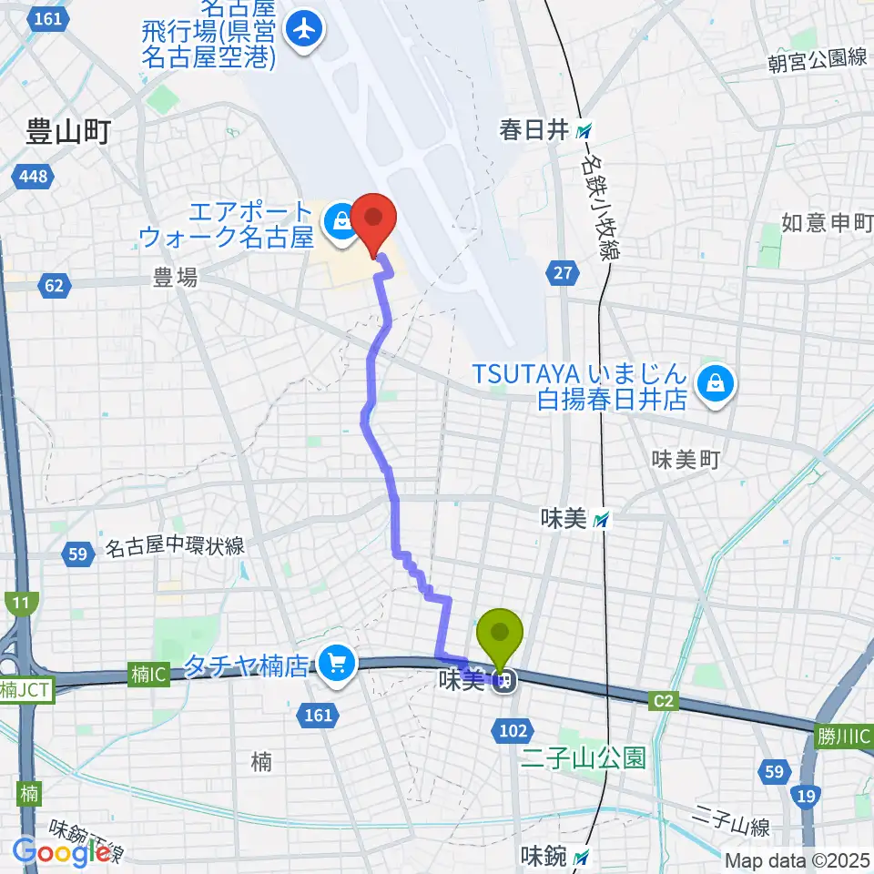 味美駅からミッドランドシネマ名古屋空港へのルートマップ地図