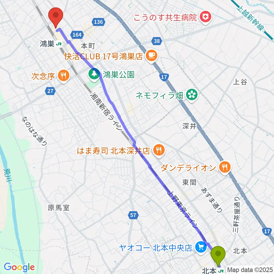 北本駅からこうのすシネマへのルートマップ地図
