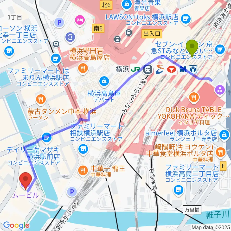 横浜駅からムービルへのルートマップ地図