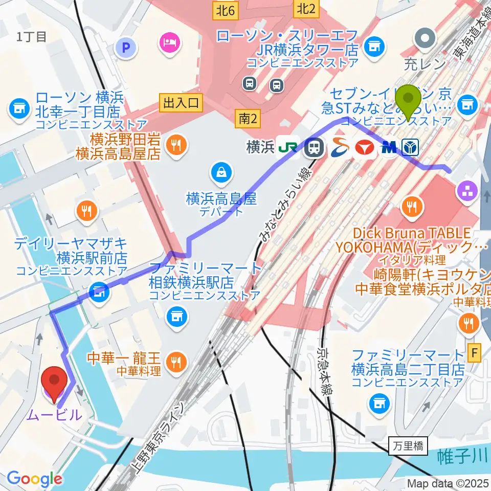 横浜駅からムービルへのルートマップ地図