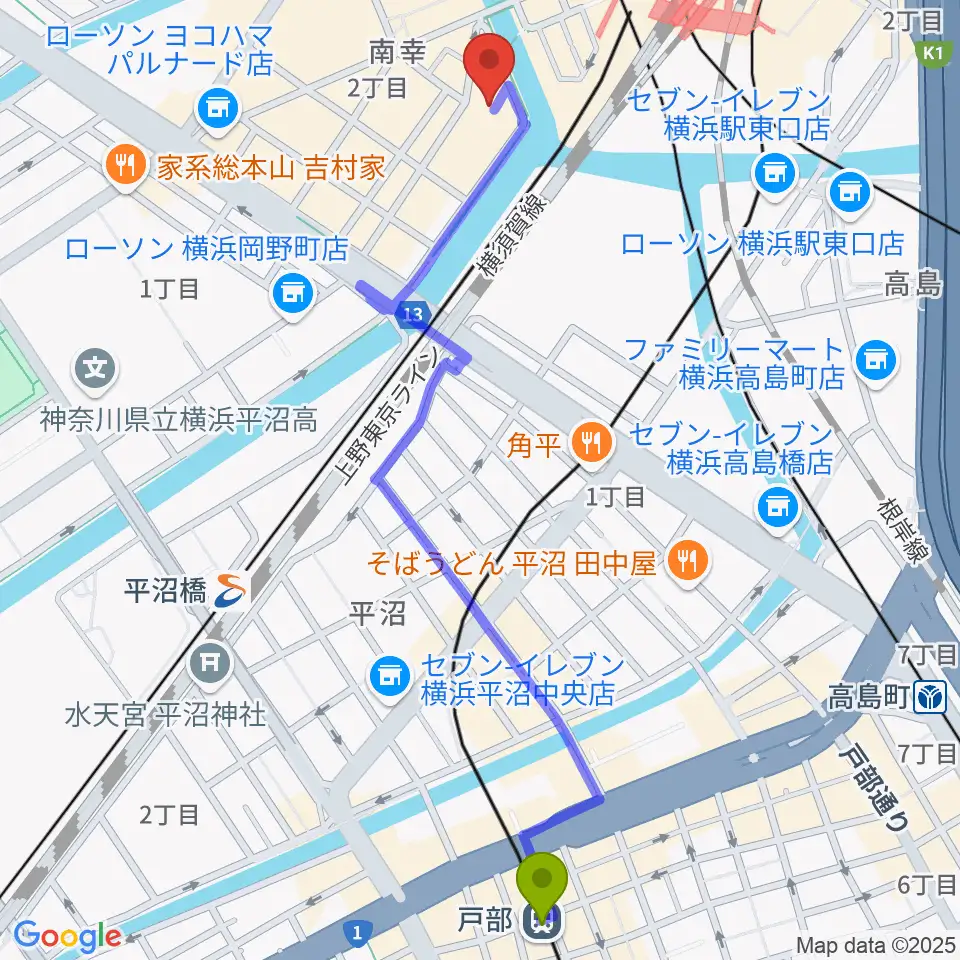 戸部駅からムービルへのルートマップ地図