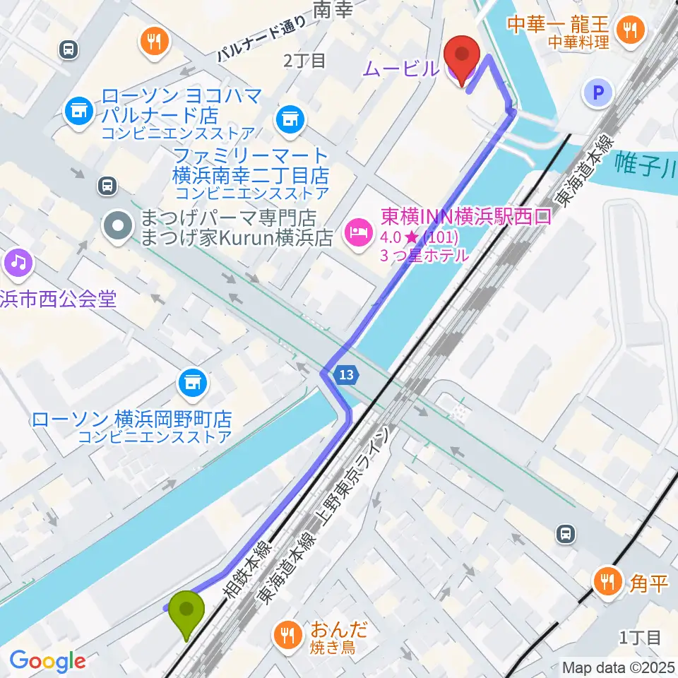 ムービルの最寄駅平沼橋駅からの徒歩ルート（約7分）地図