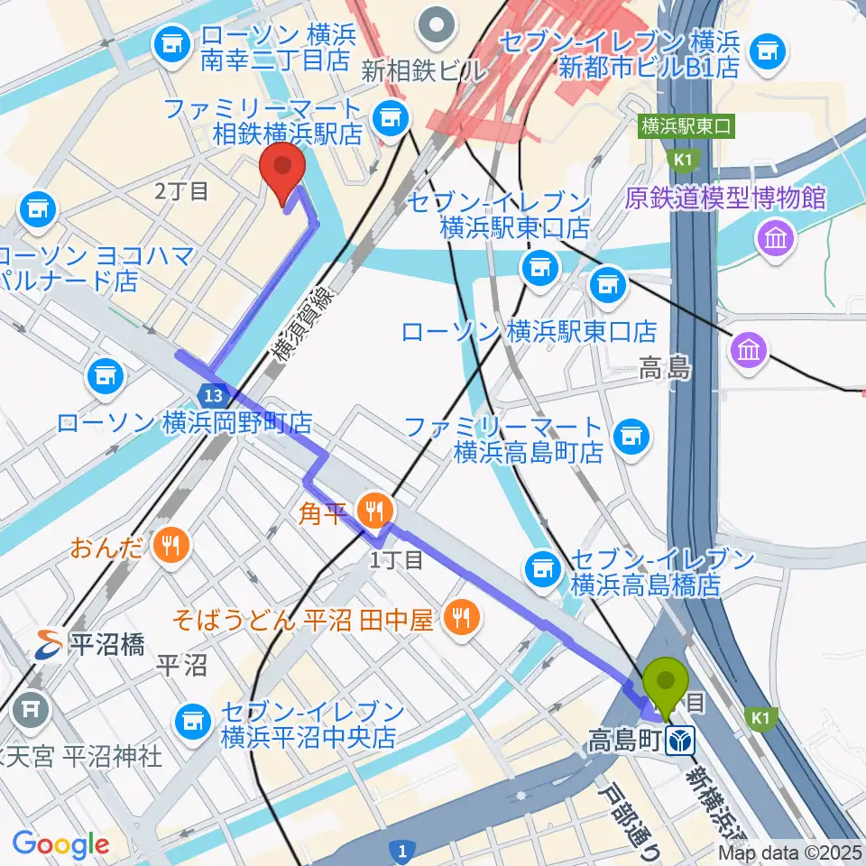 高島町駅からムービルへのルートマップ地図