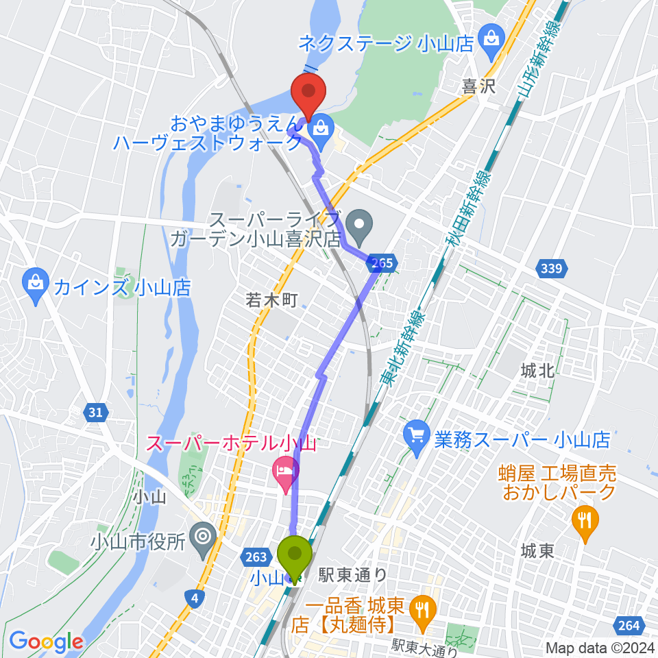 小山シネマハーヴェストの最寄駅小山駅からの徒歩ルート 約43分 Mdata