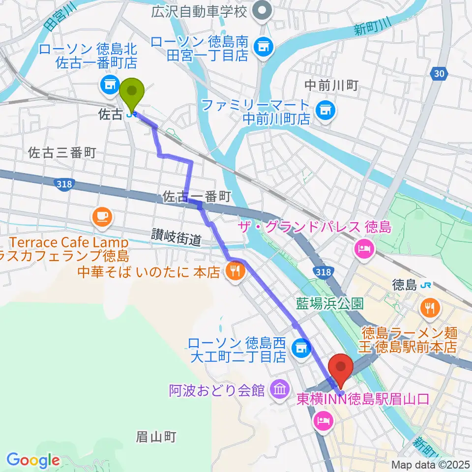 佐古駅から徳島ufotable CINEMAへのルートマップ地図