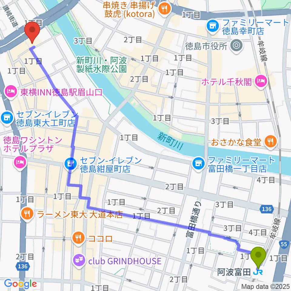 阿波富田駅から徳島ufotable CINEMAへのルートマップ地図