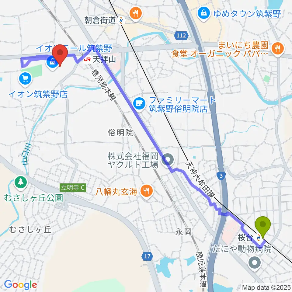 桜台駅からイオンシネマ筑紫野へのルートマップ地図