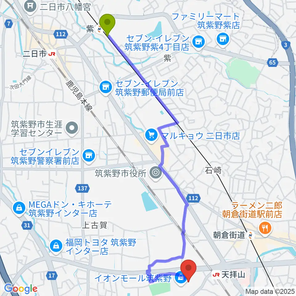 紫駅からイオンシネマ筑紫野へのルートマップ地図