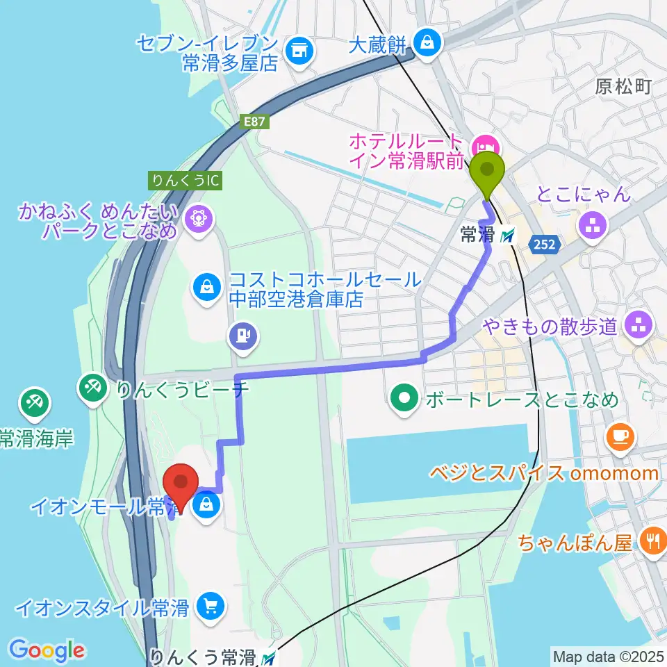 常滑駅からイオンシネマ常滑へのルートマップ地図