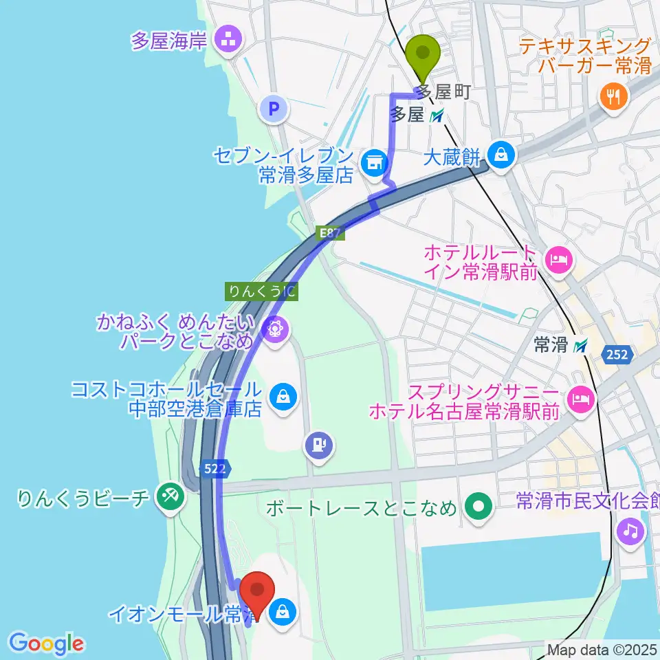 多屋駅からイオンシネマ常滑へのルートマップ地図