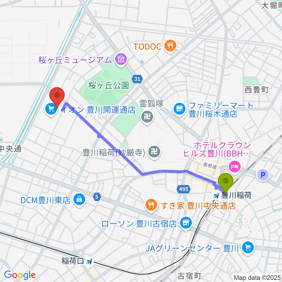 豊川駅からイオンシネマ豊川へのルートマップ地図