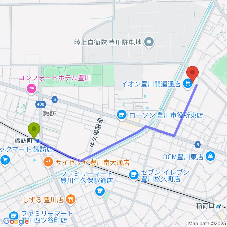 諏訪町駅からイオンシネマ豊川へのルートマップ地図