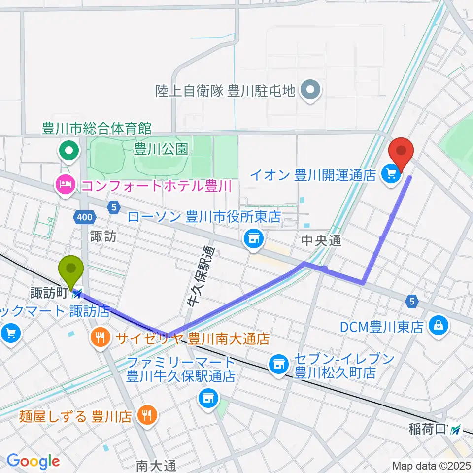 諏訪町駅からイオンシネマ豊川へのルートマップ地図