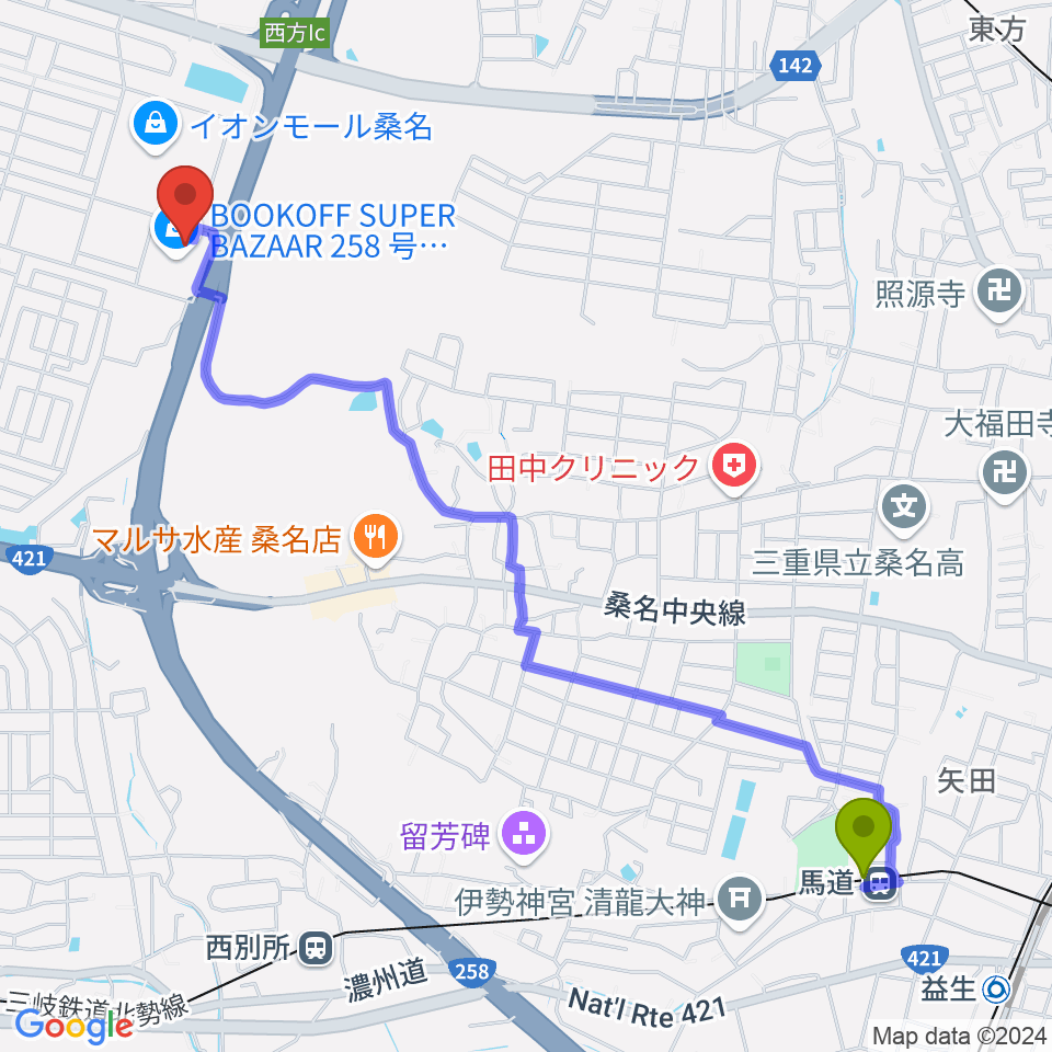 馬道駅からイオンシネマ桑名へのルートマップ地図