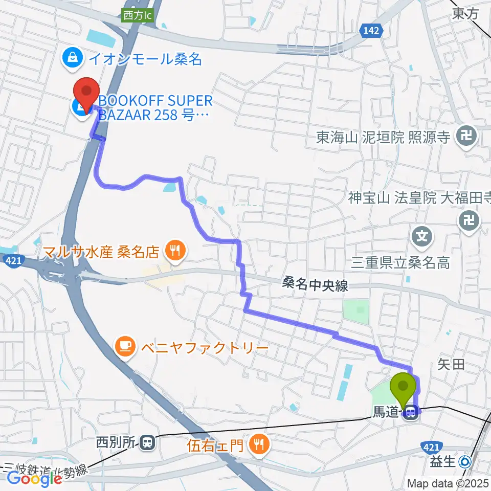 馬道駅からイオンシネマ桑名へのルートマップ地図