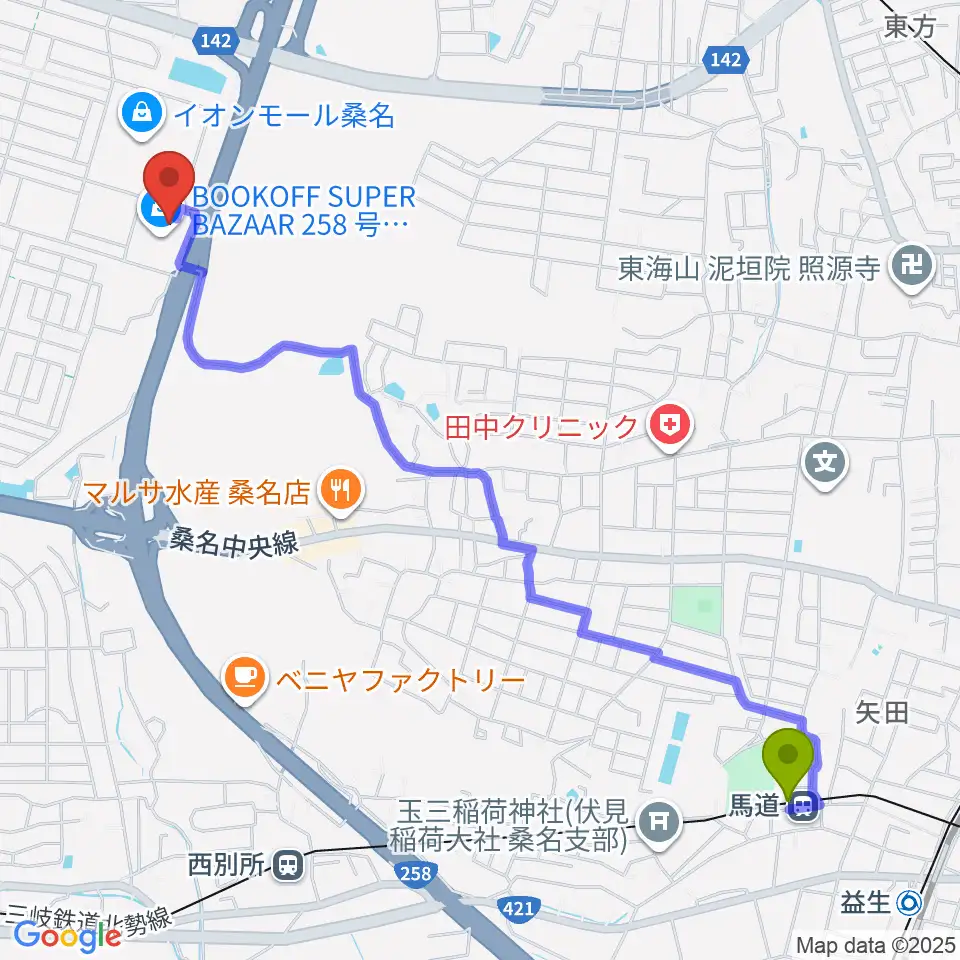 馬道駅からイオンシネマ桑名へのルートマップ地図