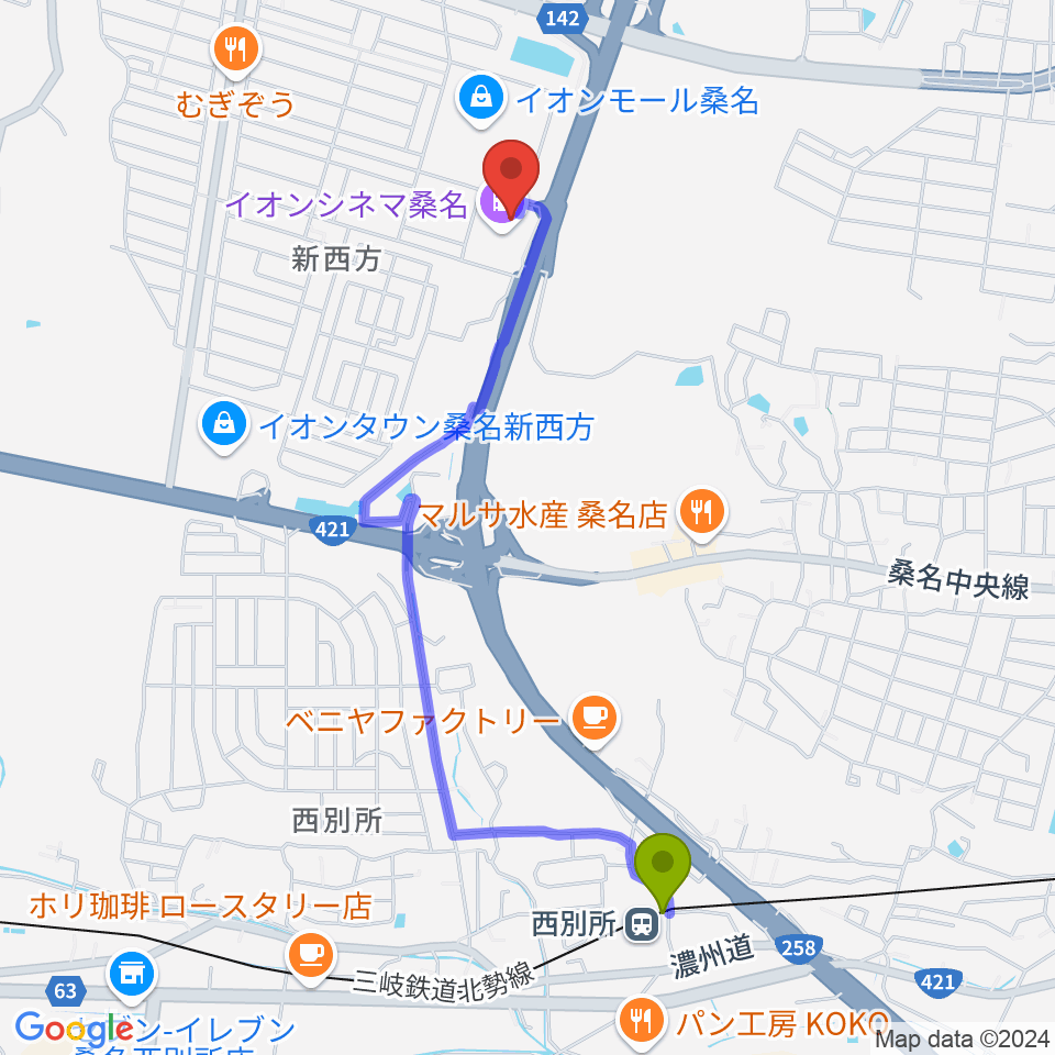 イオンシネマ桑名の最寄駅西別所駅からの徒歩ルート（約21分）地図