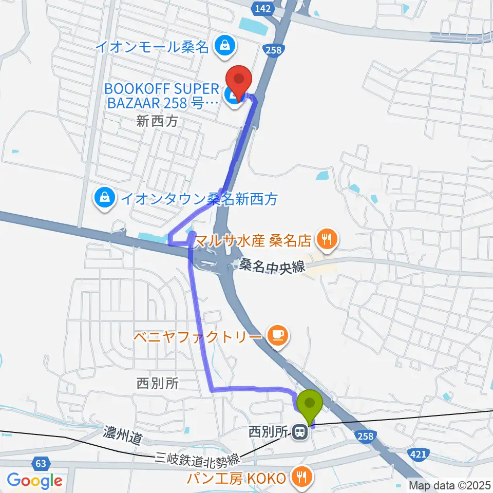 イオンシネマ桑名の最寄駅西別所駅からの徒歩ルート（約21分）地図