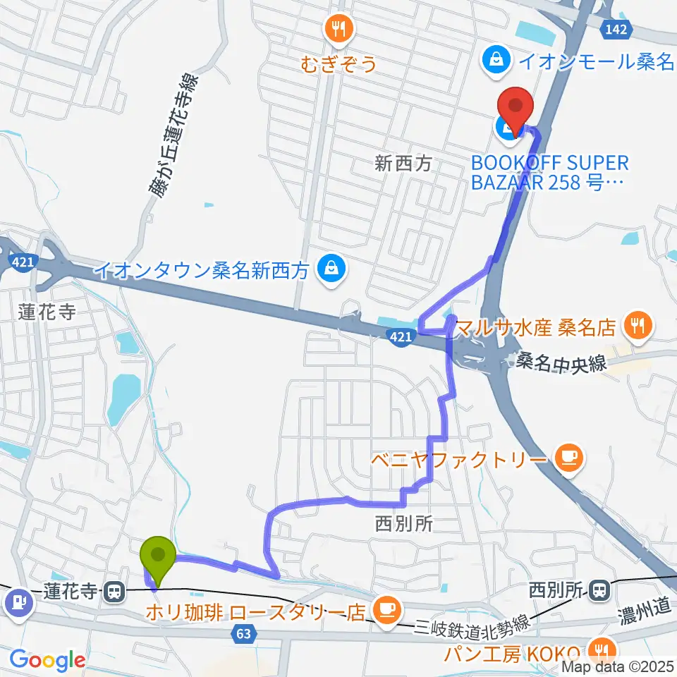 蓮花寺駅からイオンシネマ桑名へのルートマップ地図