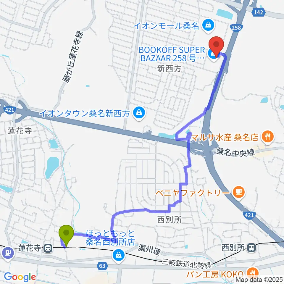 蓮花寺駅からイオンシネマ桑名へのルートマップ地図