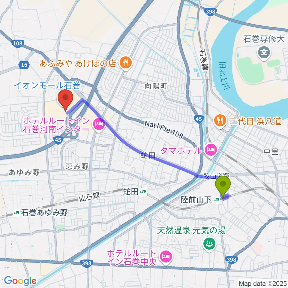 陸前山下駅からイオンシネマ石巻へのルートマップ地図