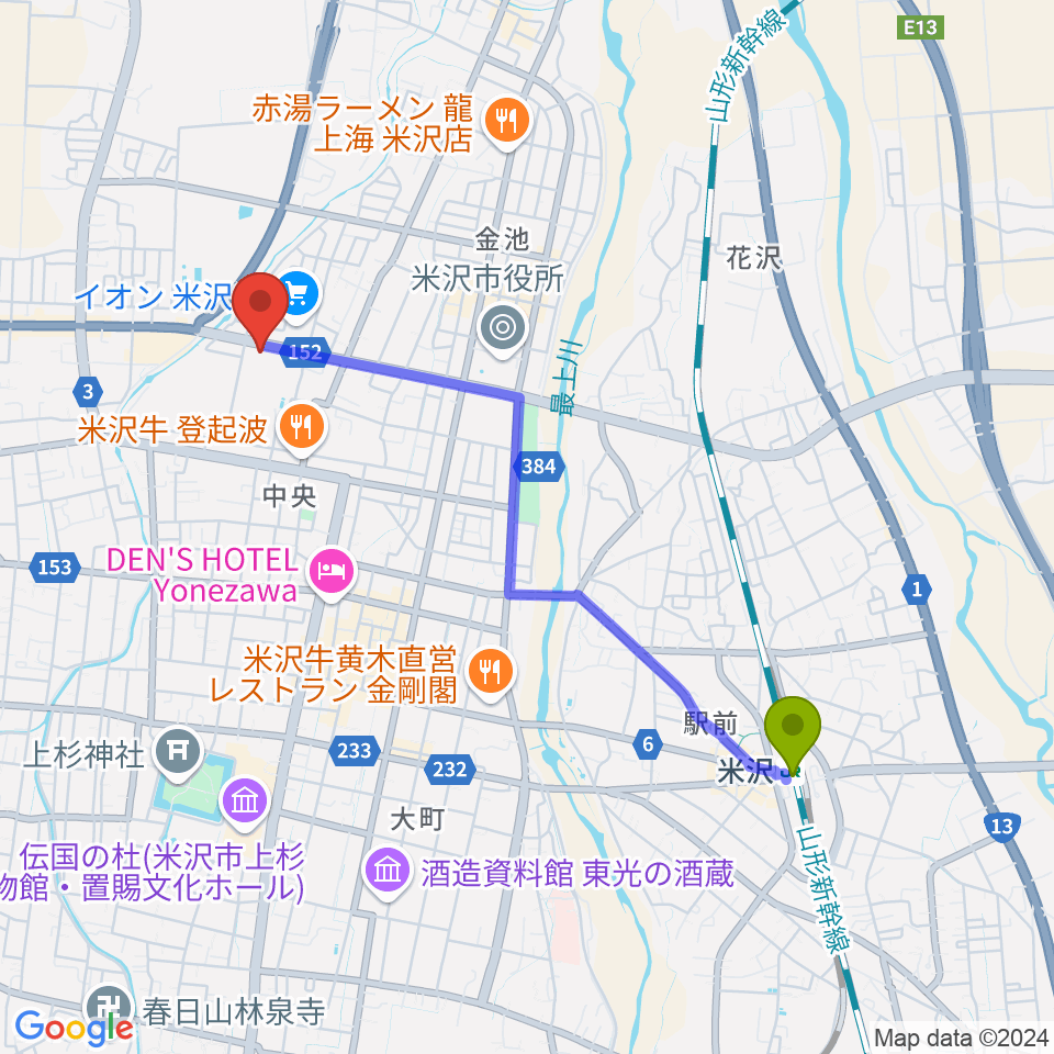 米沢駅からイオンシネマ米沢へのルートマップ地図