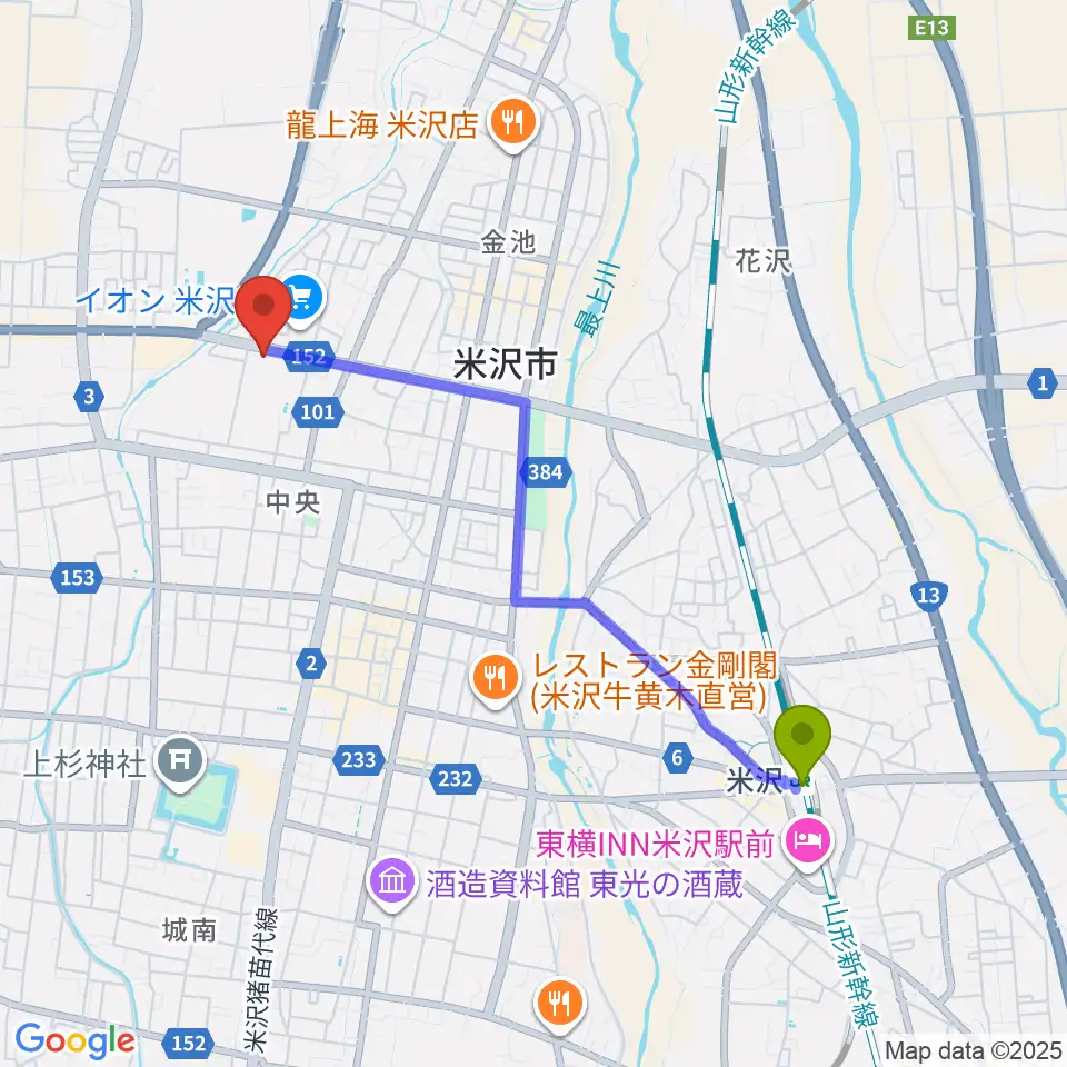 米沢駅からイオンシネマ米沢へのルートマップ地図