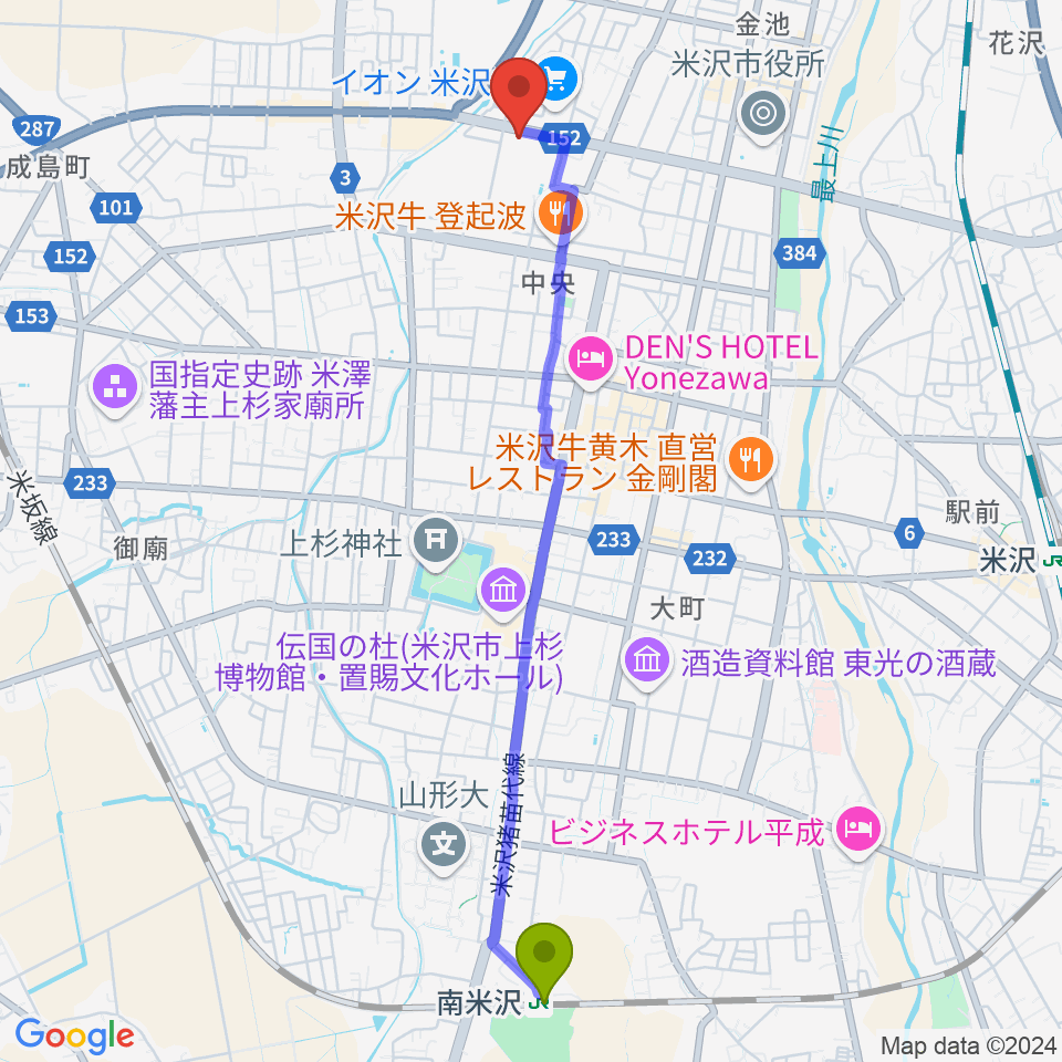 南米沢駅からイオンシネマ米沢へのルートマップ地図