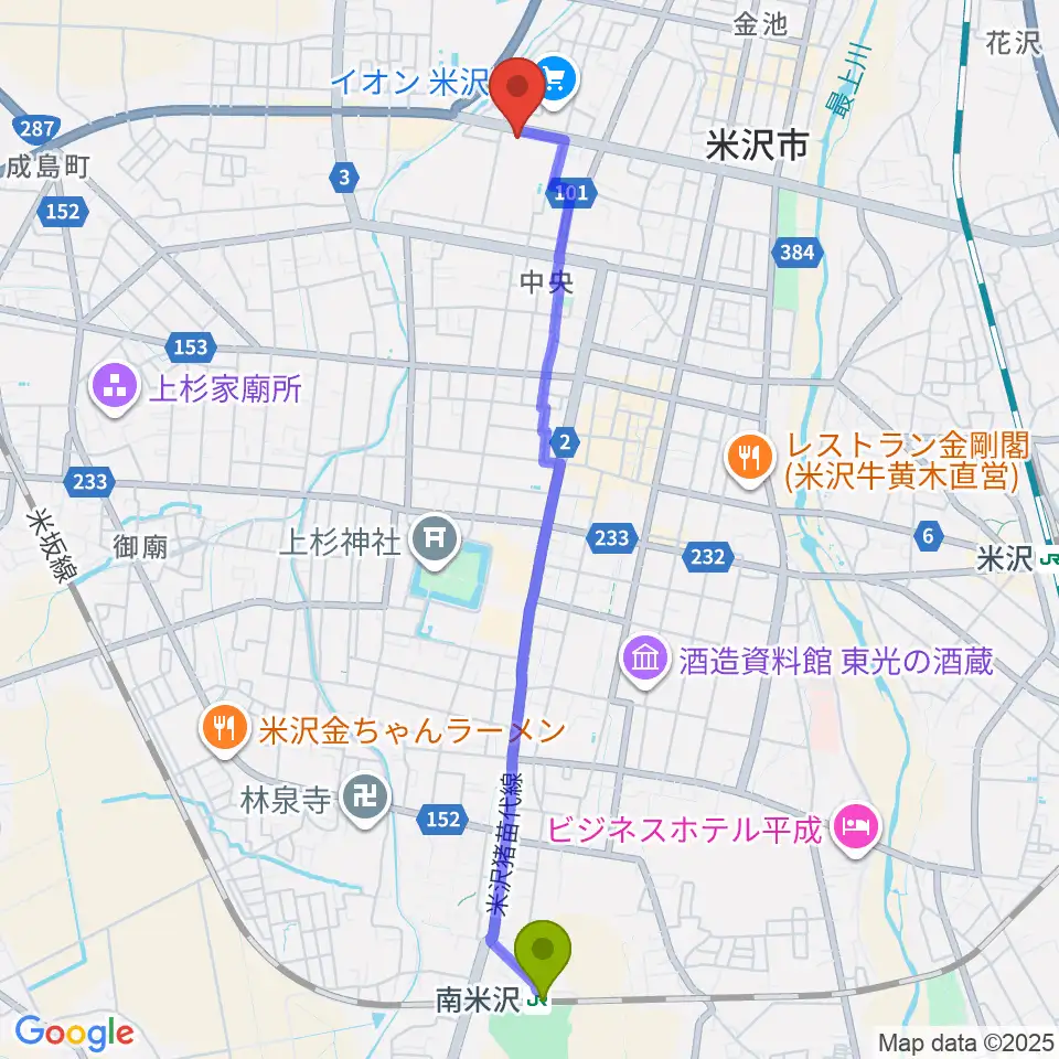 南米沢駅からイオンシネマ米沢へのルートマップ地図
