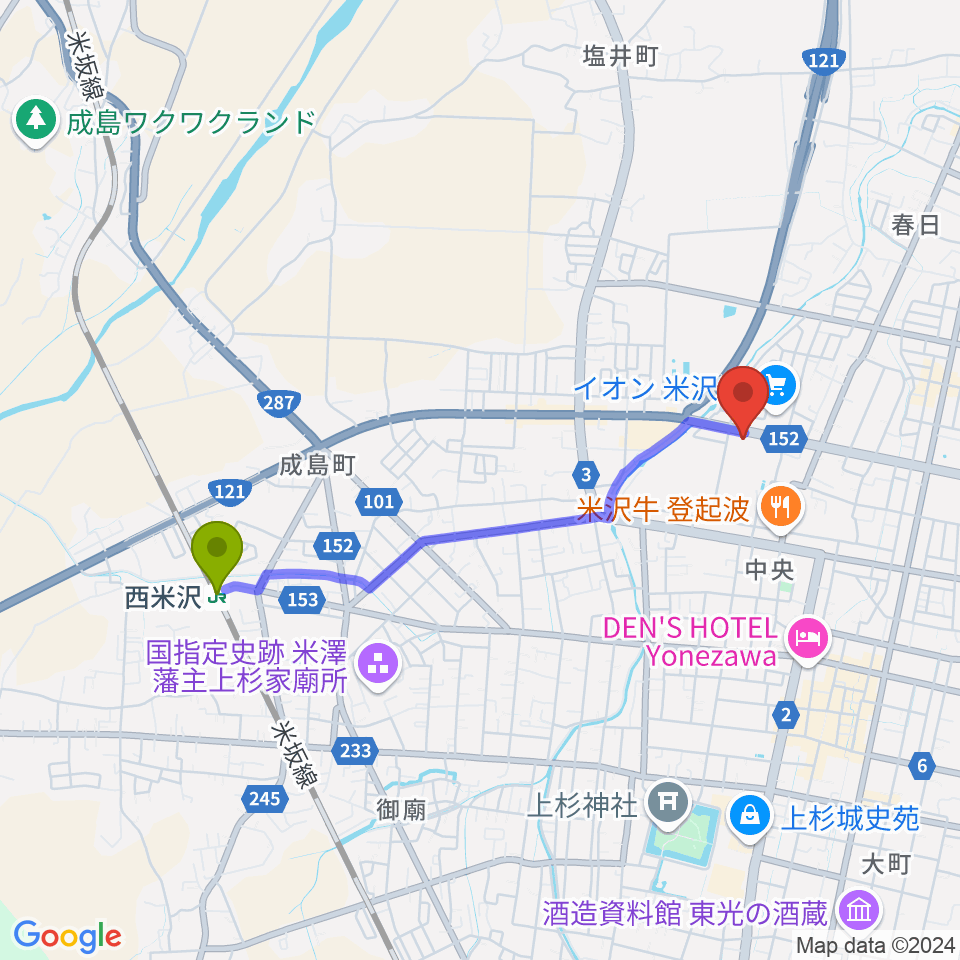 イオンシネマ米沢の最寄駅西米沢駅からの徒歩ルート（約34分）地図