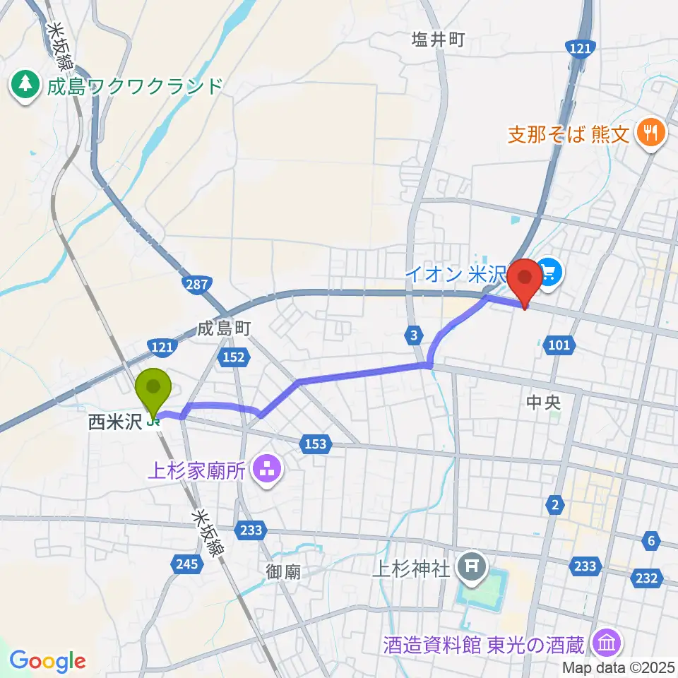 イオンシネマ米沢の最寄駅西米沢駅からの徒歩ルート（約34分）地図