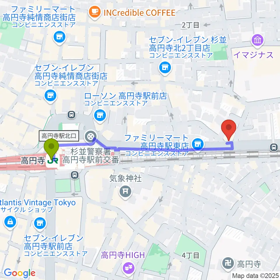 P.I.G.スタジオの最寄駅高円寺駅からの徒歩ルート（約5分）地図