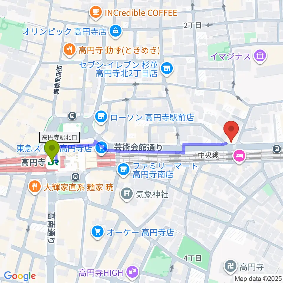 P.I.G.スタジオの最寄駅高円寺駅からの徒歩ルート（約5分）地図