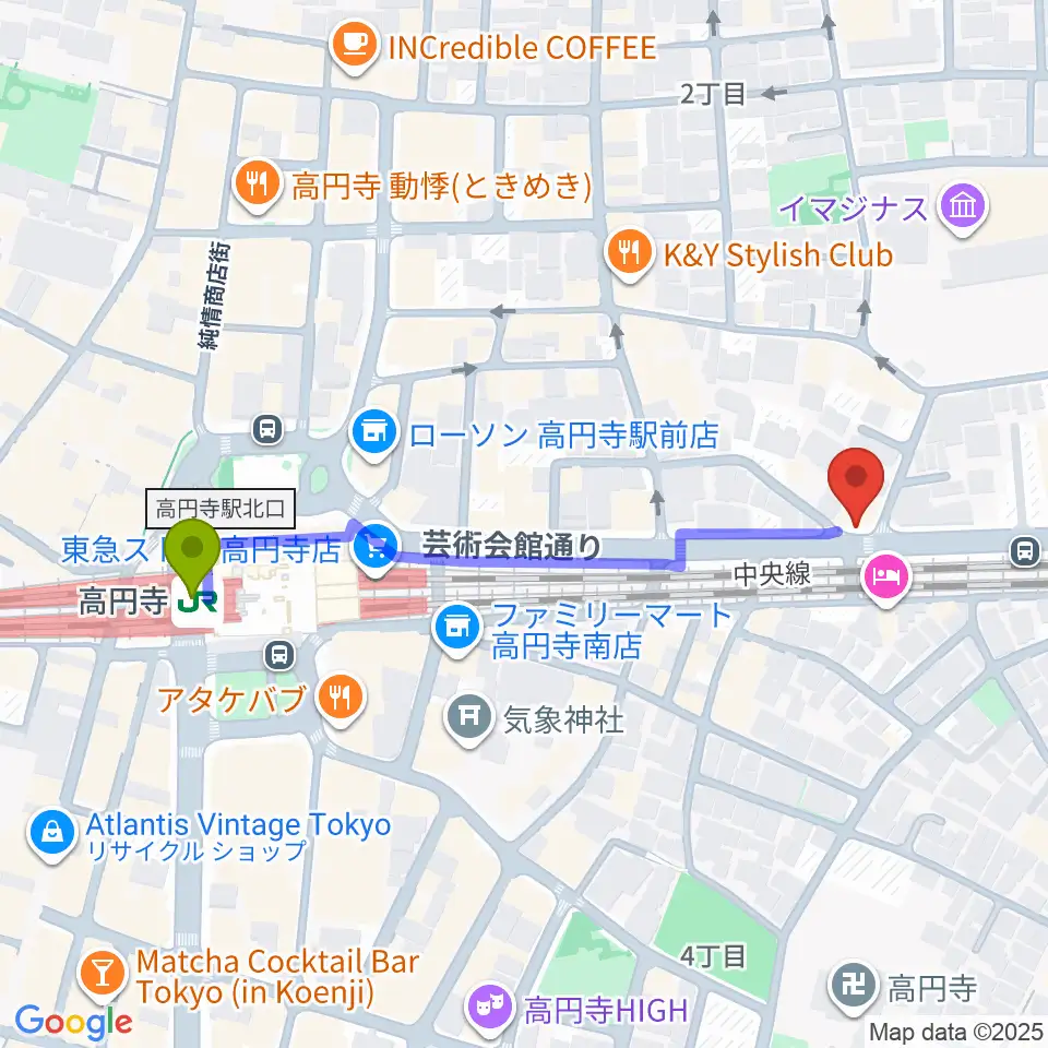 P.I.G.スタジオの最寄駅高円寺駅からの徒歩ルート（約5分）地図