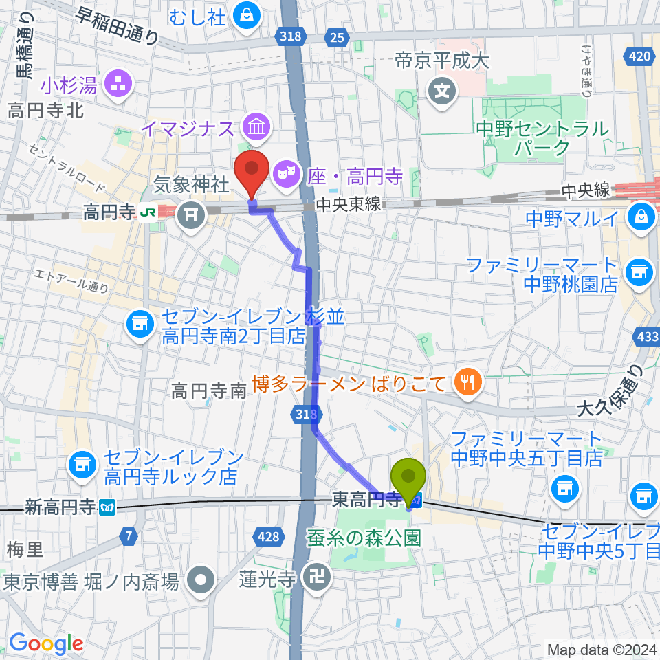 東高円寺駅からP.I.G.スタジオへのルートマップ地図