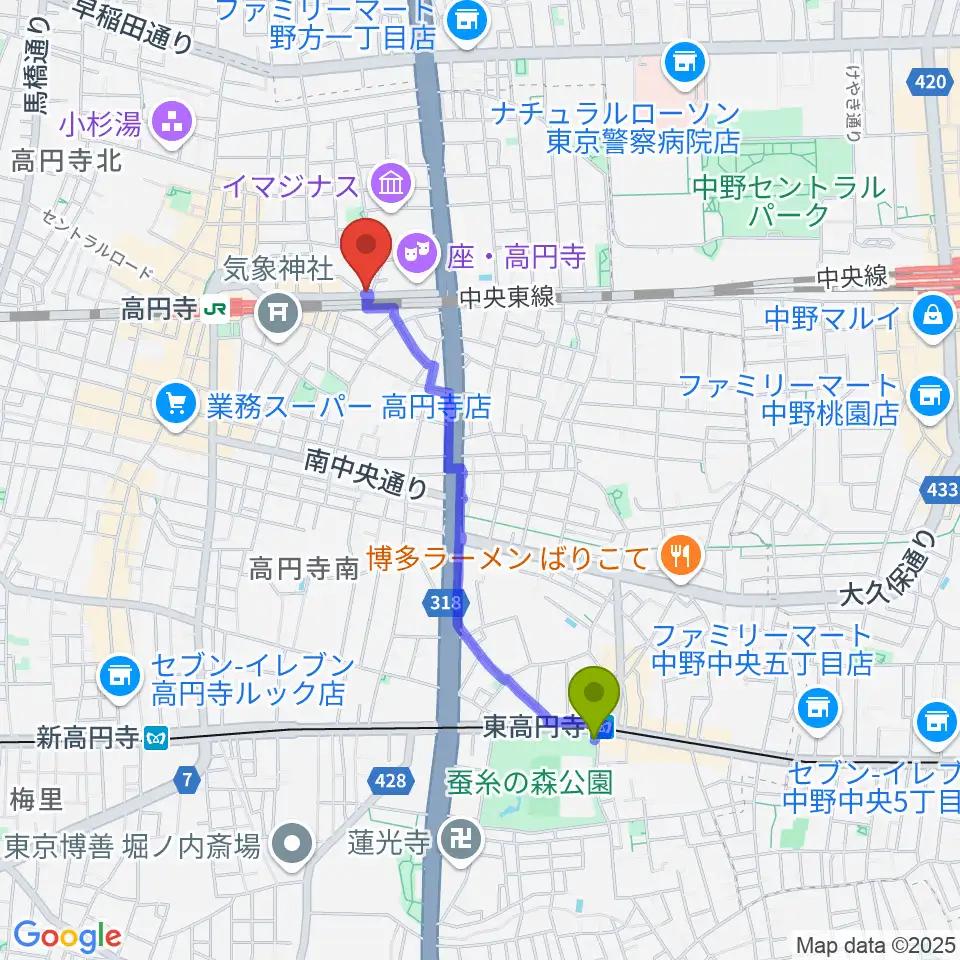 東高円寺駅からP.I.G.スタジオへのルートマップ地図