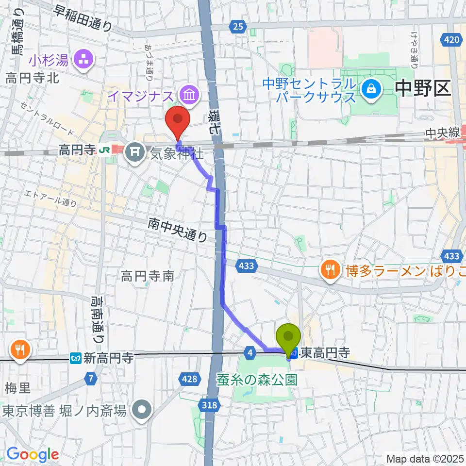東高円寺駅からP.I.G.スタジオへのルートマップ地図