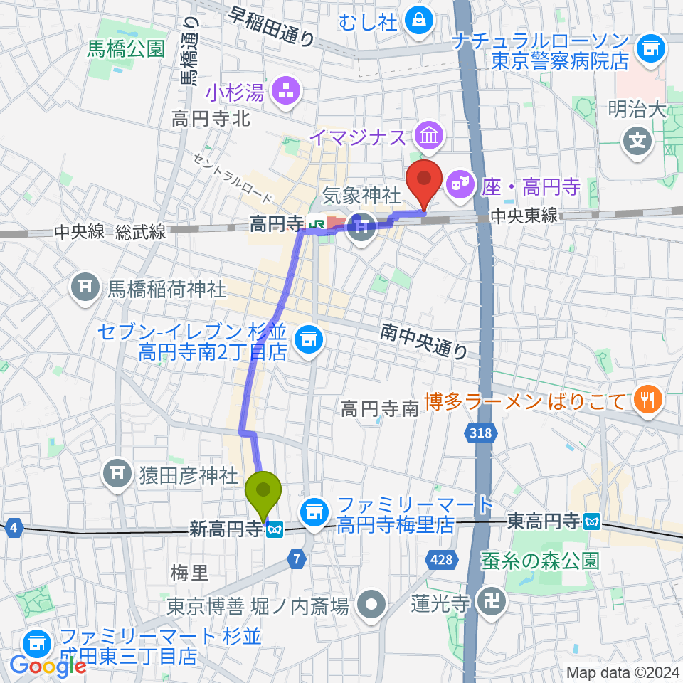 新高円寺駅からP.I.G.スタジオへのルートマップ地図