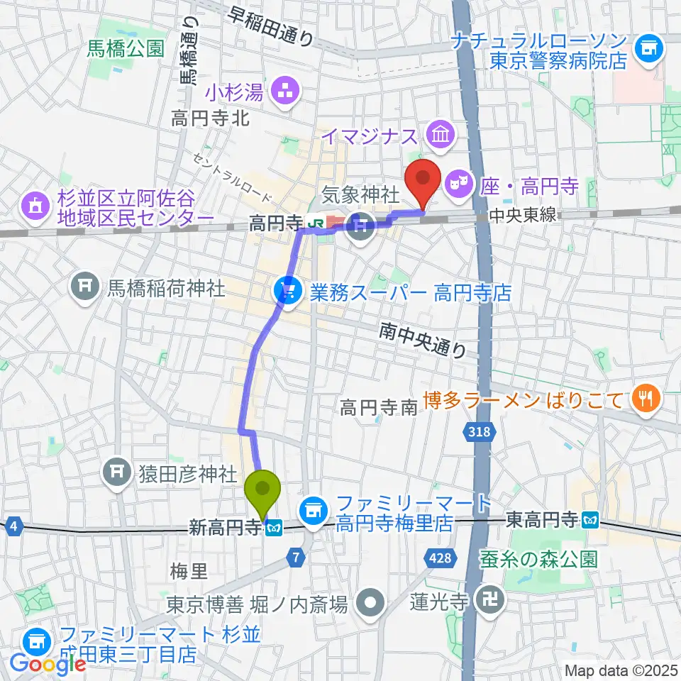 新高円寺駅からP.I.G.スタジオへのルートマップ地図