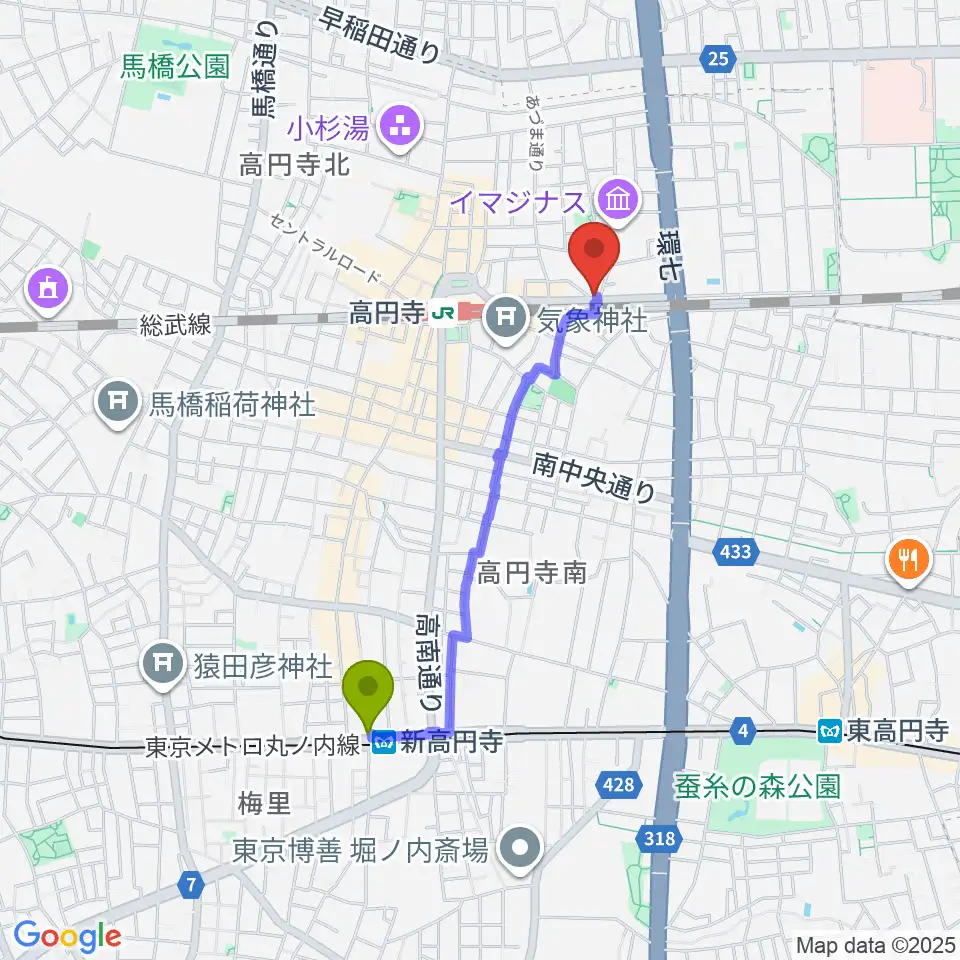 新高円寺駅からP.I.G.スタジオへのルートマップ地図