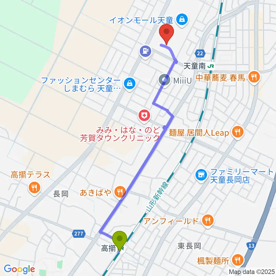 高擶駅からイオンシネマ天童へのルートマップ地図