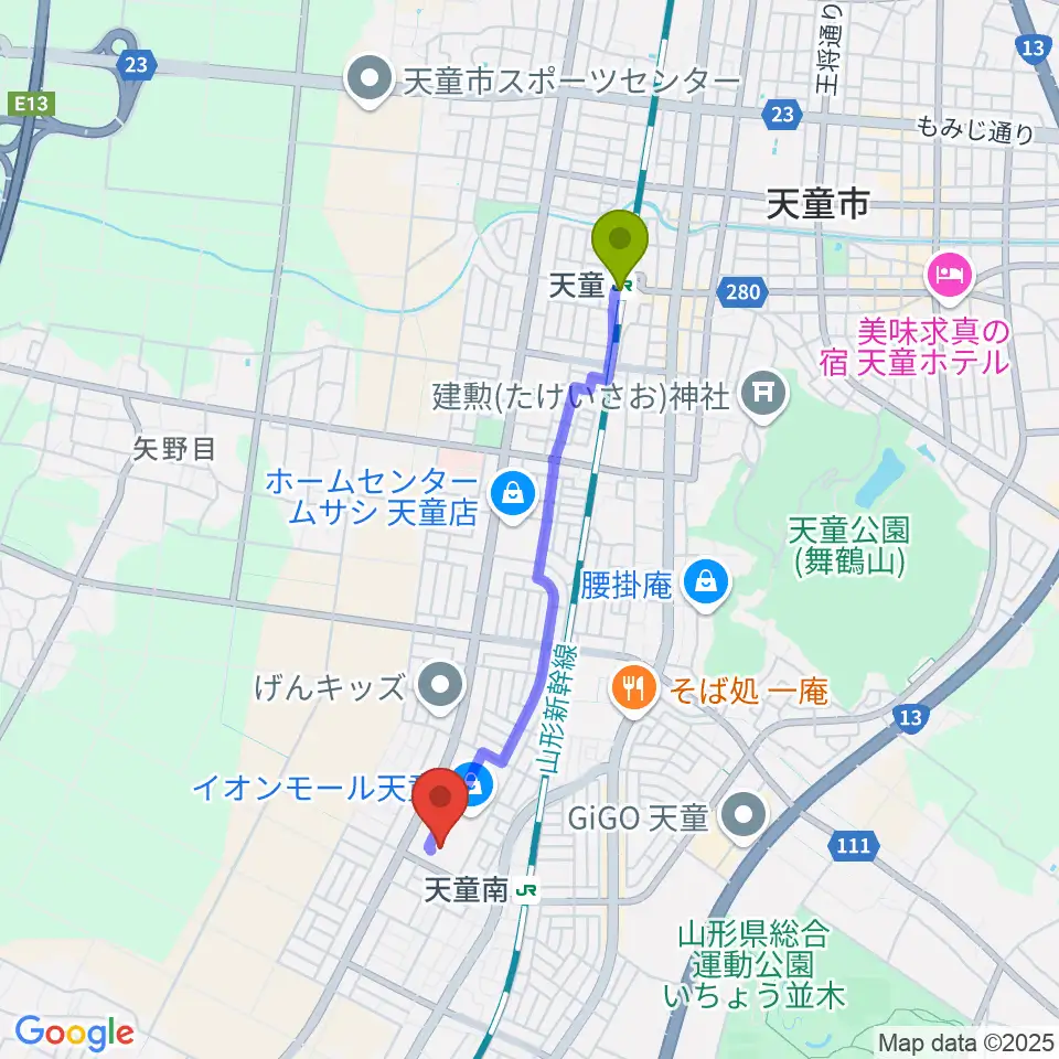 天童駅からイオンシネマ天童へのルートマップ地図