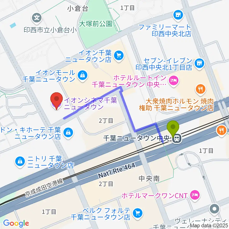イオンシネマ千葉ニュータウンの最寄駅千葉ニュータウン中央駅からの徒歩ルート（約8分）地図
