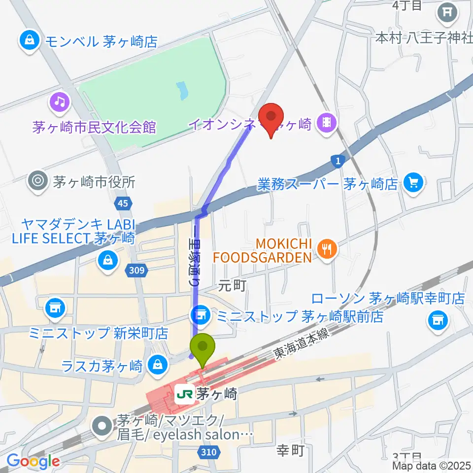 イオンシネマ茅ヶ崎の最寄駅茅ケ崎駅からの徒歩ルート（約8分）地図