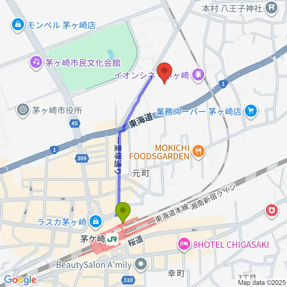 イオンシネマ茅ヶ崎の最寄駅茅ケ崎駅からの徒歩ルート（約8分）地図