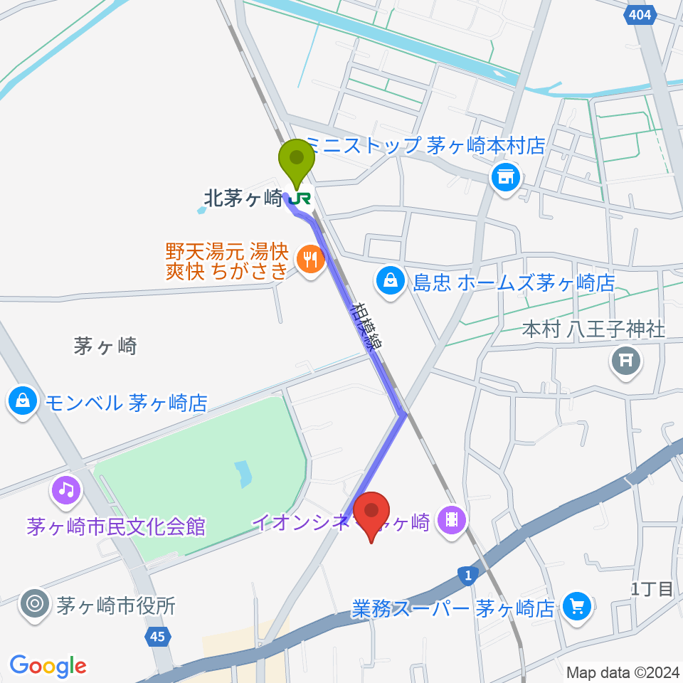 北茅ケ崎駅からイオンシネマ茅ヶ崎へのルートマップ地図